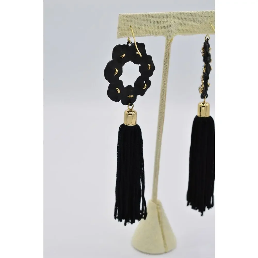 Vintage Statement Tassel Earrings Dangle Black Thread Gold Rhinestone Y2K BinAA